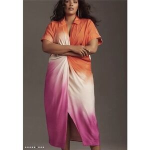 Anthropologie Orange Pink Ombre Short Sleeve Twist-Front Midi Shirt Dress 3X